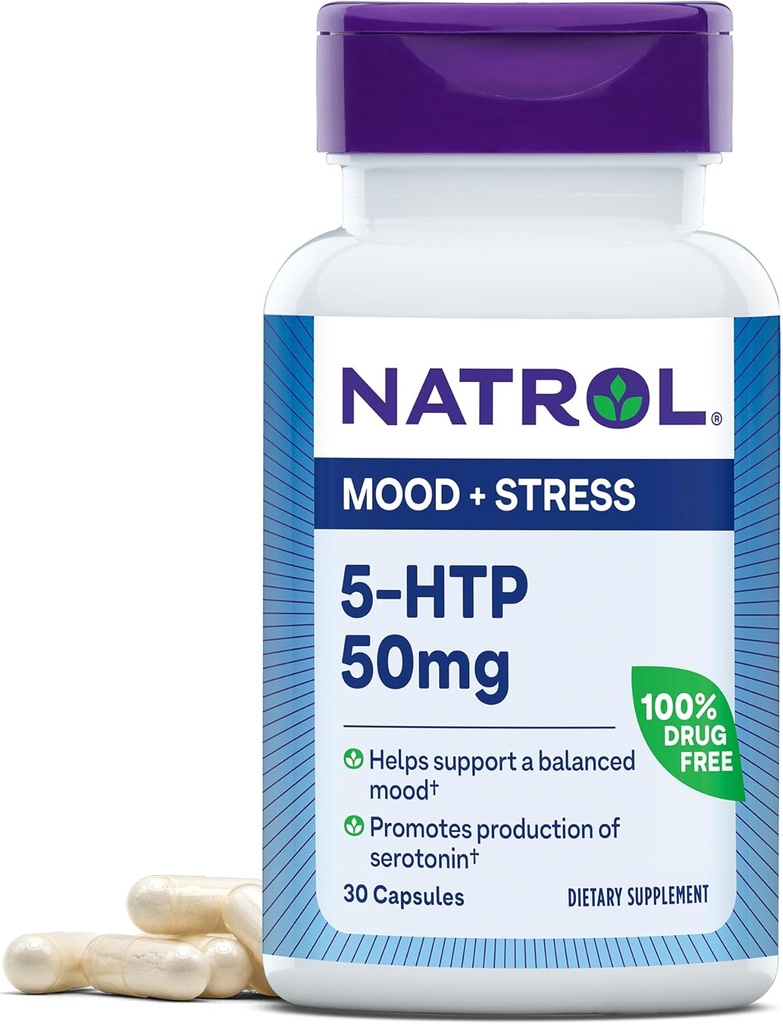 Natrol Mood & Stress 5- HTP 50mg, Diétás kiegészítés segíti a kiegyensúlyozott hangulatot, 30 kapszula, 7- 30 nap ellátás