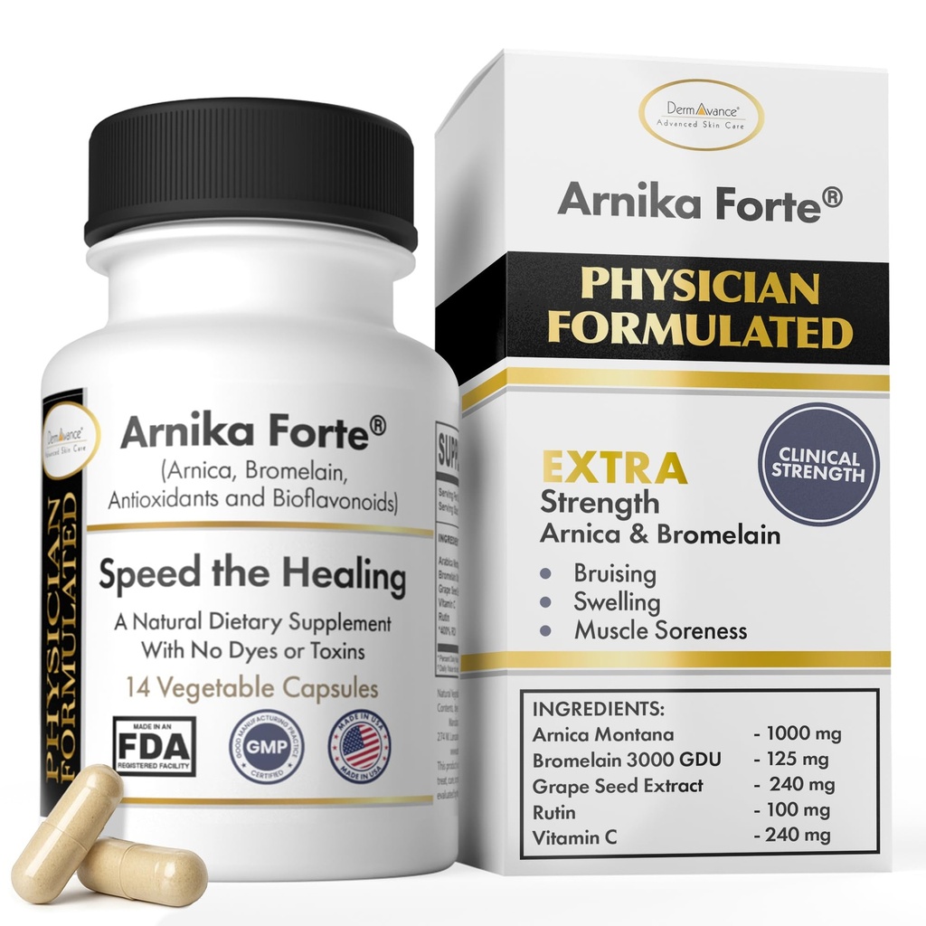 Arnika Forte Capsules – Schwellung und Bruising Reducer Nach Chirurgie und ästhetischen Behandlungen, Antioxidantien & Bioflavonoide, Arnica 1000mg, Bromelain 125mg 3000GDU - 14 Kapseln