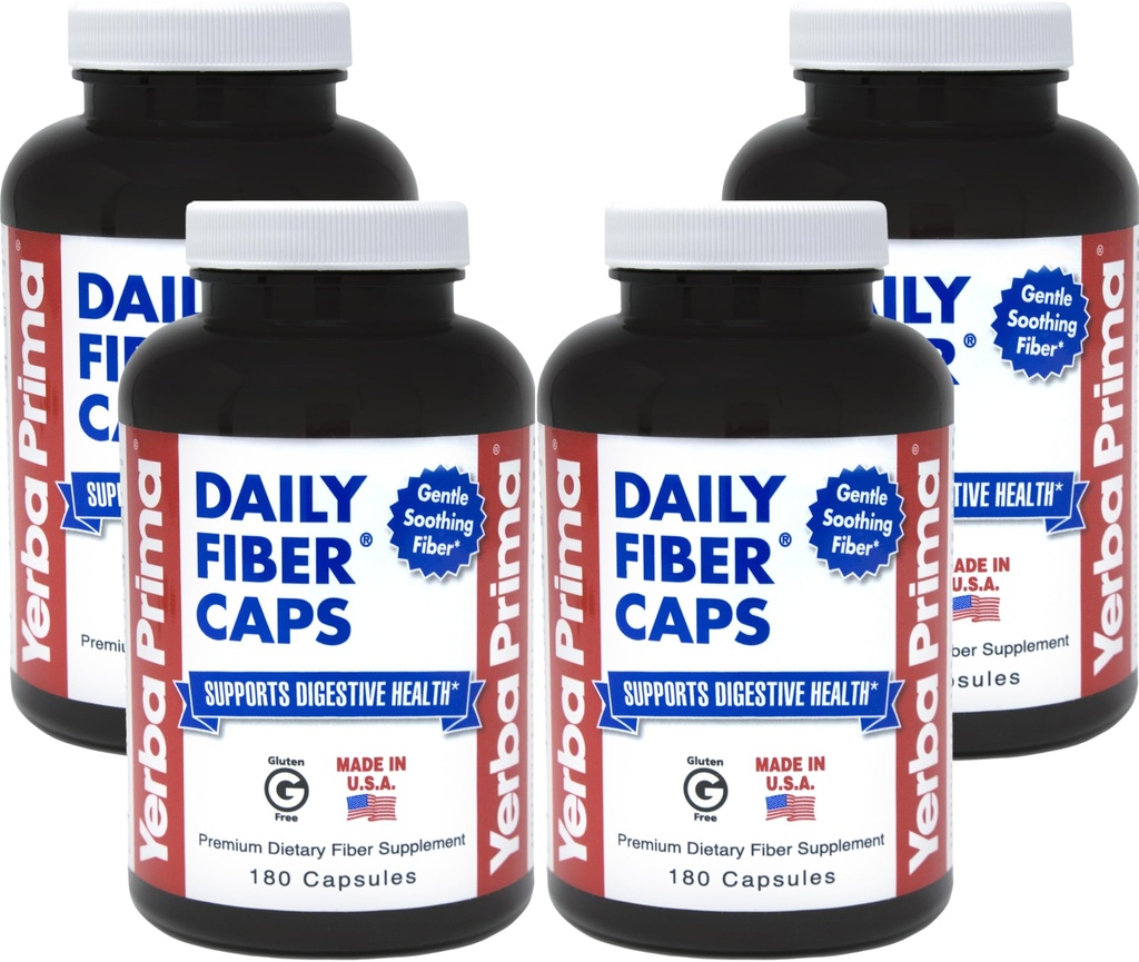 Yerba Prima Daily Fiber Caps - 180 Kapseln, (Pack von 4) - lösliche & unlösliche Nahrungsfaserergänzung - Colon Cleanse - Gut Health - Vegan, Non-GMO, Gluten-Free