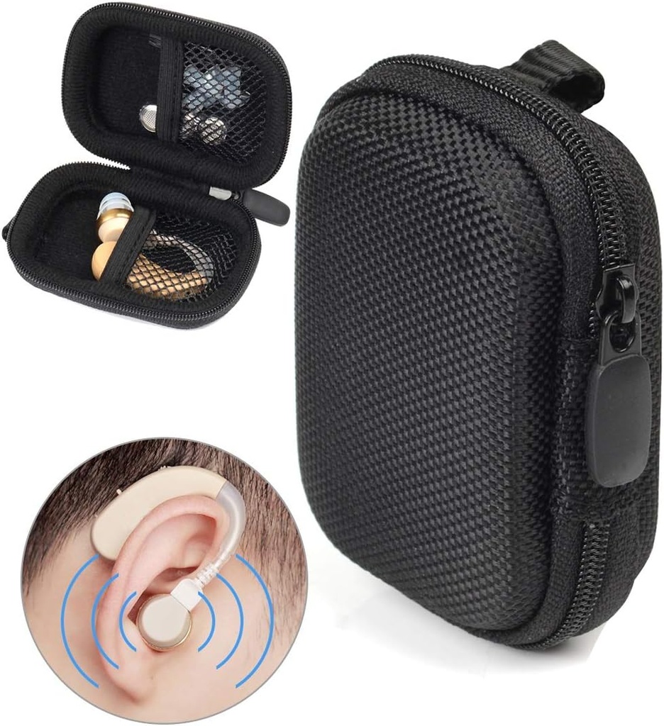 Designed Protective Case for Hearing Aid, Hörgerät, Hörgerät, Hörgerät, Strong Mini Case mit Mesh Tasche, Universal Design (Ballistic Black)