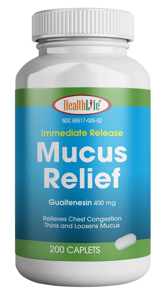 HEALTH LFE Mucus Relief Guaifenesin Caplets 400 mg, azonnali kiadás Fast Action Expectorant, Thin és Lossens Mucus, Relieves Mellkasi Congestion, Köhögés, Hideg és Flu (közepes, 200 gróf)
