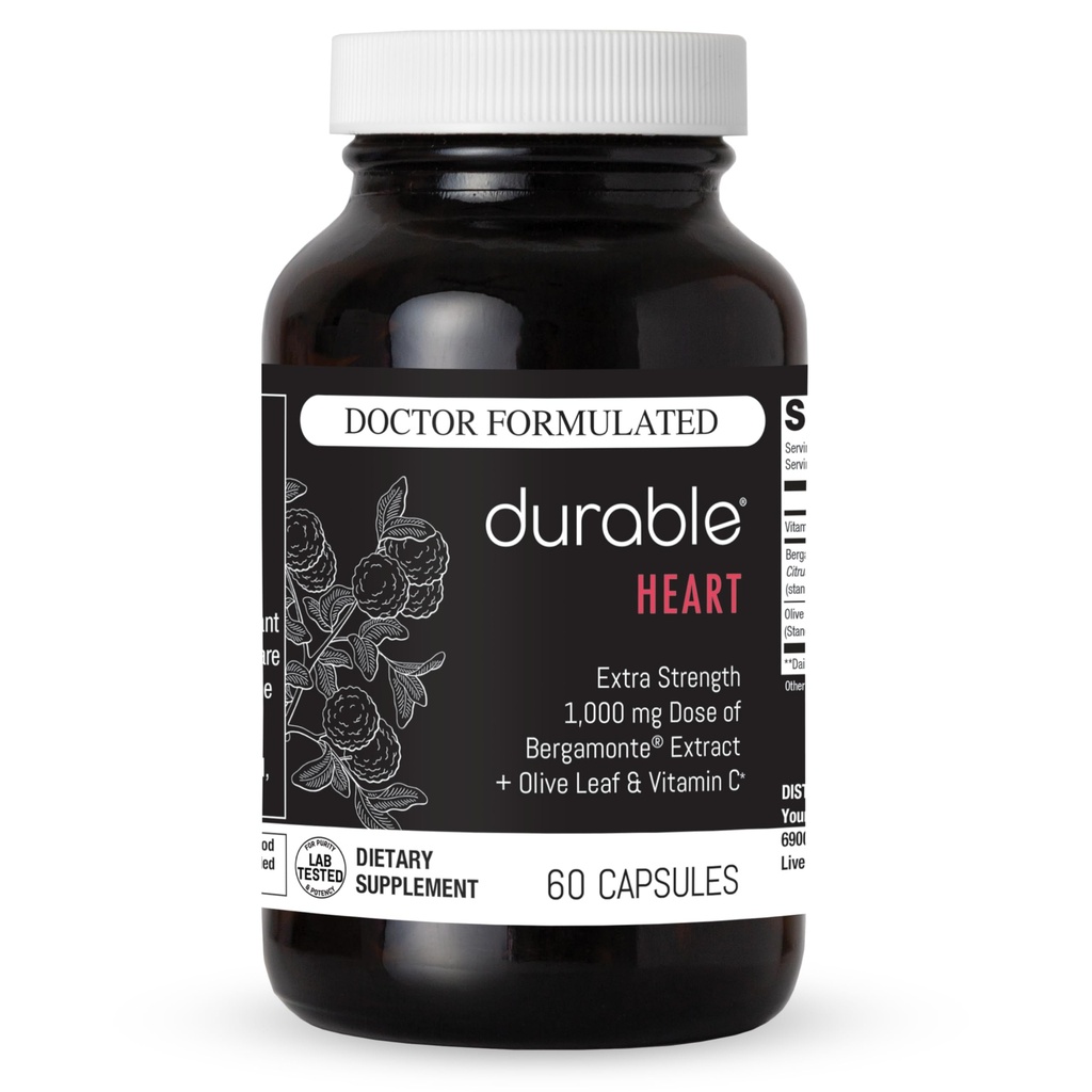 Durable Heart Bergamonte Citrus Bergamot 1000mg + Olive Leaf and Vitamin C Healthy-Cardiovascular Formula for Rate and Pressure, Healthy Cholesterol Pills, Vegan, Non-GMO, Made in USA (60 Capsules)