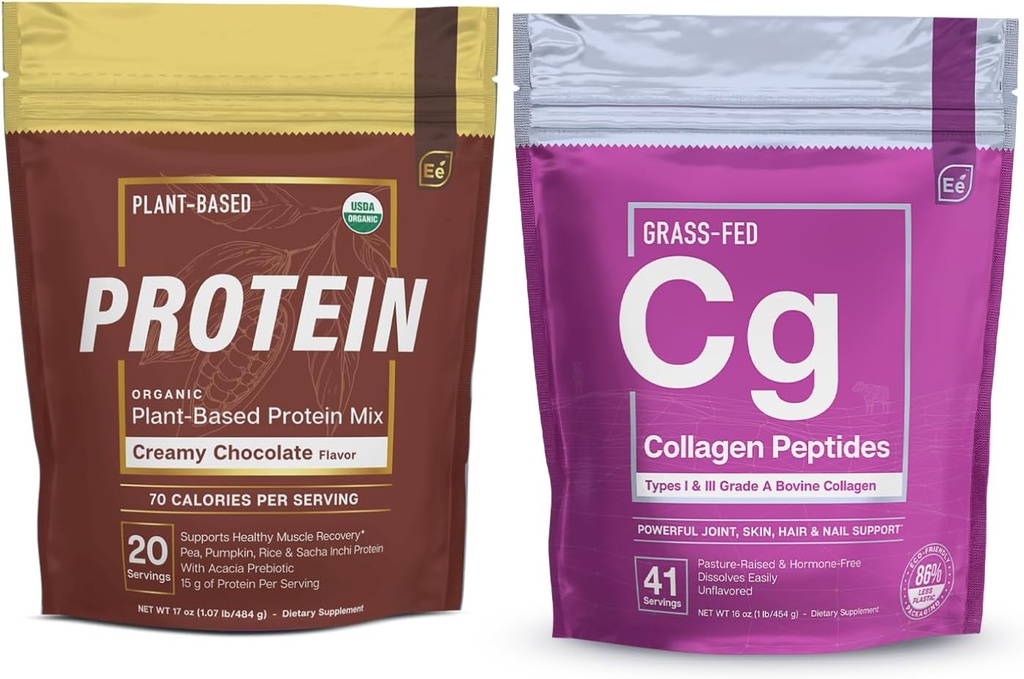 Essential Elements Hydrolized Collagen Peptides Powder & Organic Pea Protein Powder - Creamy Chocolate Thermal 124; Joint, Skin, Hair, & Nail Support + Low- carb Plant- Based Vegan Blend
