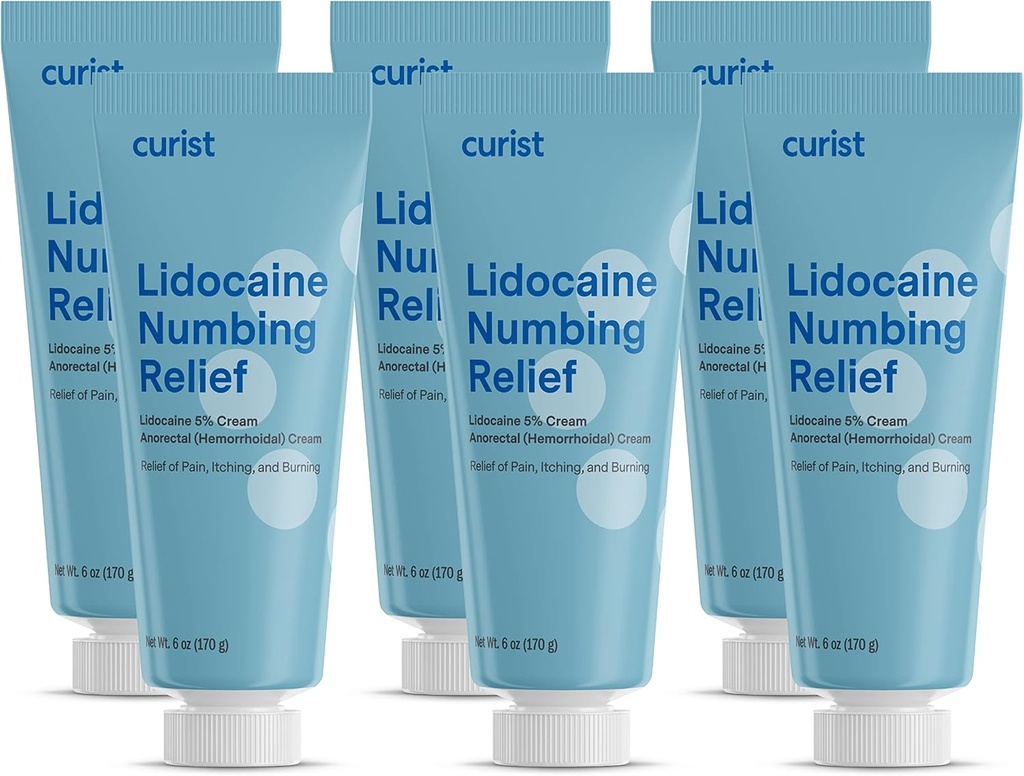 Curist 5% Lidocaine Cream Topical Pain Cream - (6 oz Tube, Pack of 6) XL Tube - Numb Skin Quickly & Effectively with 5% Lidocaine Numbing Cream (6 Pack - 36 oz Total)