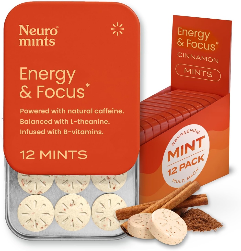 NeuroGum Energy koffein menták (144 Pieces) - Cukor mentes L- teaninnal + természetes koffein + B12-vitamin & B6 - Nootropic Energy & Fókusz kiegészítés nők és férfiak számára - Keto & Vegan, Fahéj Flavor