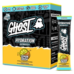 GHOST hidratációs csomagok, Lemon Crush, 24 Sticks, Elektrolit por - Drink Mix kiegészítés Magnézium, Kálium, Kalcium, C-vitamin - Vegan Friendly, mentes Soy, Sugar & Gluten