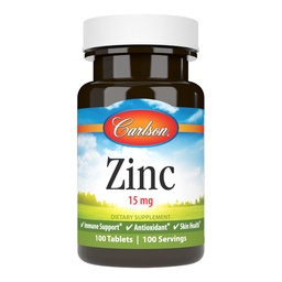 Carlson - Cink, 15 mg, Cink kiegészítés, Cink Glukonát, Immun Support & Skin Health, Cink tabletta, Antioxidáns, Cink kapszula, 100 tabletta