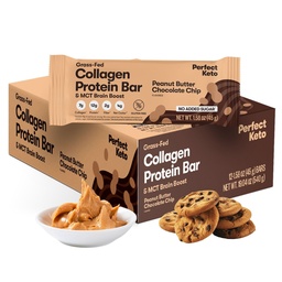 Tökéletes Keto Collagen Protein Bar, Gluten Free Grass Fed Collagen + MCT Olaj, alacsony szénhidrát, Cukor hozzáadása nélkül, magas fehérjetartalmú snack, Keto Diet Foods, 13g fehérje, 18g Fat, 3g Net szénhidrát, mogyoróvaj csokoládé chip, 12 rúd