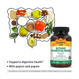 Country Life Betaine Hydrochloride with Pepsin, 600 mg, 100 tabletta, Certified Gluten Free