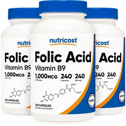 Nutricost folsav (B9-vitamin) 1000 µg, 240 kapszula (3 üveg)