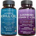 Viva Naturals Antarktisz Krill olaj és bodza, C-vitamin, Cink és D3-vitamin 5000 NE Bundle, 1250 mg Krill olaj Omega 3 EPA és DHA a közös egészség, Elderberry Immun Support