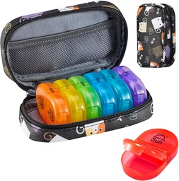 Serfeymi Weekly Travel Pill Organizer 2 Times A Day AM PM Frissített Rainbow Pill Box 7 Day hordozható cipzár PU bőrpirító esetében, Gyógyszer Szerelő pirula, Vitaminok, Halolaj - Black 02