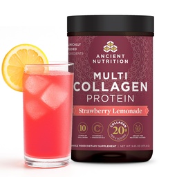 Ancient Nutrition Collagen Peptides Powder, Multi Collagen Protein, Women & Men, C-vitamin, Probiotics, Hydrolized Collagen, Skin Skin, Joints, Gut Health, Strawberry Lemonade, 24 szerváció