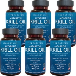 Viva Naturals Antarktisz Krill olaj 1250 mg, Omega 3 EPA DHA és Astaxantin, közös támogatás és agy kiegészítés antioxidáns tulajdonságokkal, nincs halas utóíz (csomag 6)