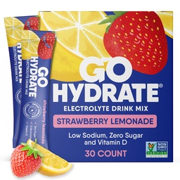 GoHydrate alacsony nátrium-elektrolitok por csomagok Sugar Free - Instant Hydration Napi ital Mix - Zéró Sugar Víz Flavor Packet Singles D-vitaminnal - (Epres Lemonade, 30 csomag)