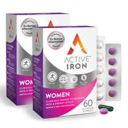 Aktív vaskiegészítés 25mg + multivitamin nőknek - Klinikailag bizonyítottan növeli az energiát és csökkenti a fáradtságot - gyengéd, nem székrekedő vas + női multivitamin - 60 kapszula + 60 tabletta