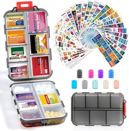 14 Grids Travel Pill Organizer Box 415- Pcs Medicine Name Labels - Pocket Daily Pharmacy Case Container Kit - Travel Medication Holder Dispenser for Fish Oil Vitamin Supplement Storage - Clear Grey