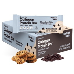 Perfect Collagen Protein Bars, Gluten Free Grass Fed Collagen + MCT Olaj, alacsony szénhidrát, Cukor hozzáadása nélkül, magas fehérjetartalmú ételek, Keto Diet Foods, 11 g fehérje, 18g Fat, 3g Net szénhidrát, Csokoládé Chip, 12 rúd