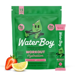 Waterboy Workout Hydration 124; 2,960mg Sugar Free Electrolyte Powder Packaets - 124; L- Glutamin + Vitamins - 124; No Sugar, All Natural, Gluten Free - 124; 15 Drink Stick Mix (Strawberry Lemonade)