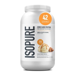 Isopure Zero Carb 100% tiszta savó izolátum fehérje por, laktózmentes, glutén mentes, Vitaminokkal, vanília sózott karamell, 25 g fehérje Per szerving, 3 Lb, 42 adag (csomagolás május Vary)