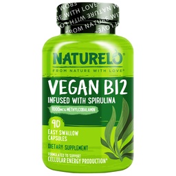 NATURELO Vegan B12 - Metil B12 organikus spirulinával - magas potenciájú B12-vitamin 1000 µg metilkobalamin - Támogatja az egészséges hangulatot, energia, szív és szem egészséget - 90 kapszula