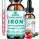 Folyékony vaspótlás w / C-vitamin, B- Komplex, Magas potencia Vasfolyadék w. Multivitamin, Vegán Vas cseppek nők, gyerekek, Chelate Folyékony vaspótlás vérszegénység, fáradtság, vörös vérsejt támogatás