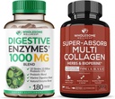 Teljes értékű Wellness Digesztikus Enzimek 1000MG Plus Prebiotikumok és probiotikumok kiegészítés + Super- Absorb Multi Collagen Pills (I típus II III V X) Organic Herbs és Bioperine Bundle