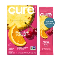 Cure Hydration, 124; Plant- Based Electrolyte Drink Mix 124; No Advanced Sugar, 124; Dehidratation Relief Powder Made with Coffee Water, 124; Non-GMO, Vegán, 124; Box of 8 Packet - Tropical Punch
