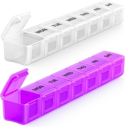 BUG HULL Weekly Pill Organizer Large 2 Packs, Extra Nagy Travel Pill Organizers, Pill Box 7 Day, Travel Pill Case, Medicine Pill Organizer for Vitamins, Supplements and Medication (fehér + lila)