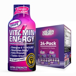 Vitamin Energia Immun + Extra Strength Energy Shot Grape 24 Pack, 260mg természetes koffein, B- Vitaminok, Citicoline, Zöld tea, Immunitás & Fókusz támogatás, Zéró Cukor, gluténmentes 1,93 fl oz