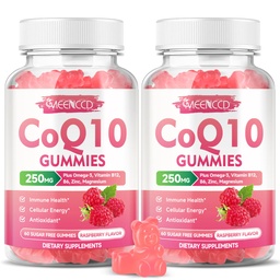 Sugar-Free CoQ10 Gumies 250mg, Coenzim Q10 kiegészítők Plus Omega3, B6-vitamin & Cink, magas abszorpciós CoQ10 kiegészítés celluláris energia & antioxidáns támogatás, málna Flavor, Vegan 120Cts