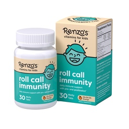 Renzo 's Roll Call Immunity - Dissolable Kids Immune Support Supplement with IMMUSE Postbiotic, Sugar- Free Kids Vitamins, 30 Orange-Flavoled Melty Tabs