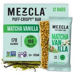 Mezcla Puff Crispy Protein Bars, Gluten Free & Vegan Protein Bars, 10g Protein, Alt for Crispy Rice Treat, Granola Bars & Breakfast Bars, Egészséges Snack felnőtteknek, Matcha Vanilla, 12 Pack