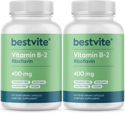 BESTVITE B2-vitamin (Riboflavin) 400mg (240 vegetáriánus kapszula) (120 x 2) - nincs stearate - Vegan - Nem GMO - glutén mentes