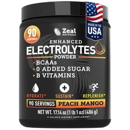 Zeal Naturals Electrolyte Powder Recovery Drink (90 Servings) w 0 Sugar + BCAA + B- Vitamins Electrolyte Supplement w Kálium Cink & Magnézium for Hydration - Keto Electrolytes