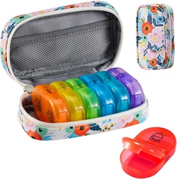 Serfeymi Weekly Travel Pill Organizer 2 Times A Day AM PM Frissített Rainbow Pill Box 7 Day hordozható cipzár PU bőr pirula esetében, Medicine Organizer for Pills, Vitamins, Halolaj - Virágos 03