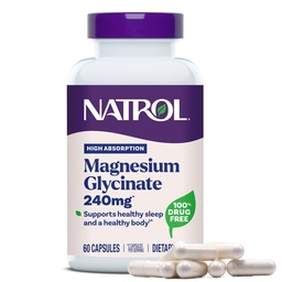 Natrol Magnézium Glicinate Supplements 240 mg - Magas felszívódás - Nyugodt Magnézium Glicinate alváshoz - 60 kapszula, 30 napos ellátás