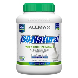 ALLMAX IZONATURAL Tejsavó fehérje izolátum, ízesítetlen - 5 LB - 27 Grams of Protein Per Scoop - Zéró Fat & Sugar - 99% Laktózmentes - Prebiotikumokkal - Mesterséges ízesítők nélkül - kb. 78 szervadékok