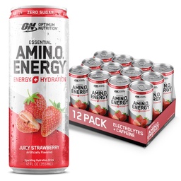 Optimum Táplálkozás Amino Energy Sparkling Hydration Drink, Elektrolitok, koffein, Amino Acids, BCAA, Sugar Free, Juicy Strawberry, 12 Fl Oz, 12 Pack (csomagolás május Vary)