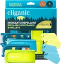Cliganic szúnyogriasztó csomag (4 karszalag + 8 újratölthető pellet) - Állítható, természetes DEET- mentes, esszenciális olaj infúziós