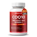 COQ10 + Red Yeast Rice Supplement - 10- in1 Természetes keverék Omega 3 B3, K2, D3, Cink Milk Thistle Black Pepper - 150 Count - Made & Tesztelt az USA-ban