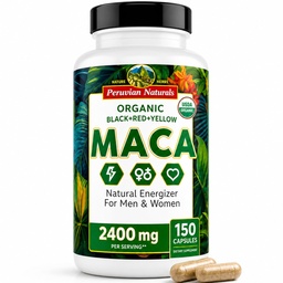 Organic Maca Root Capsules for Women & Men 2400mg per Serving - 150 Pirs Black, Red, Yellow Maca Supplement - Zselatinizált Macaroot, Non-GMO, Vegan by Perui Naturals