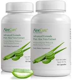AloeCure Organic Aloe Vera kapszula, 160,000mg belső aloe levél egyenértékű per szerving, Support Gut, Emésztőrendszeri, & Immune Health, Segít fenntartani kiegyensúlyozott gyomor savasság, Aloin Free, 60Caps x 2Btl