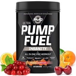 PMD Sports Pump Fuel Ultra Insanity - Premium Pre Workout Powder & Muscle Pump, nagyobb fókusz, Endurance & Recovery, Premium Creatine, Arginine & Beta Alanine - Miami Sunrise (30 Servings)