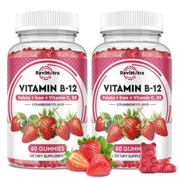 B12-vitamin Complex Gumies - 5000 µg metil-kobalamin vassal, C-vitaminnal, D3 & folát, energia támogatás és anyagcsere, immun, B- 12 rágható kiegészítés férfiak és nők számára, eperízű, 2 csomag