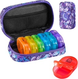Serfeymi Weekly Travel Pill Organizer 2 Times AM Day PM Frissített Rainbow Pill Box 7 Day hordozható Zipper Canvas Pill Case, Medicine Organizer for Pills, Vitamins, Halolaj - Purple 01