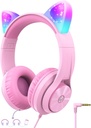 iClever Kids Fejhallgató macska fül Led Led Light Up, Safe Volume Limite, FunShare, Follable, Over- Fear Headphone gyerekeknek iskola / iPad / Tablet / Travel, Miow Donut- Pink