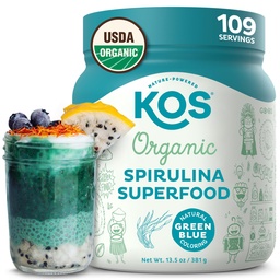 KOS Organic Spirulina Powder - USDA Certified Organic, 109 Servings of Superfood Powder for Smooties & Juices, Non-besugárzott Blue Green Algae, Plant Based with Antioxidants, Vegan (13.5oz)