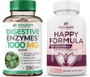 Teljes értékű Wellness Digesztikus Enzimek 1000MG Plus Prebiotikumok és probiotikumok kiegészítés + Happy Formula Natural Stress Forma Relief Kiegészítés nők és férfiak számára