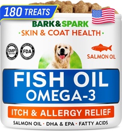 BARK & SPARK Omega 3 kutyáknak - 180 halolaj kezelések kutyasütésre, bőrallergia, Itch Relief, Hot Spots kezelés - Joint Health - Skin and Coat Supplement - EPA & DHA Fatty acids - Canine Salmon Oil